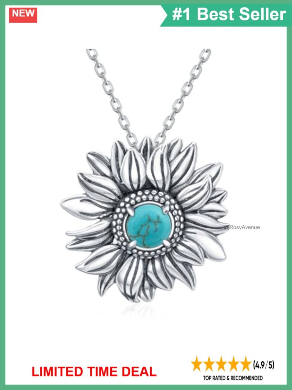 Sunflower Necklace 925 Sterling Silver Genuine Turquoise Pendant Gift for Women